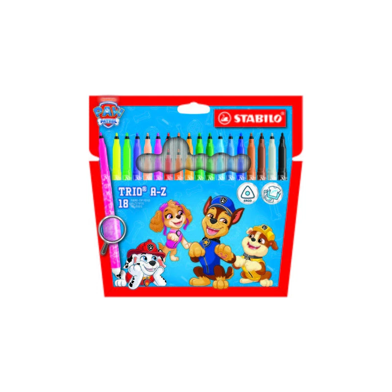 Stabilo Trio A-Z Patrulla Canina Pack de 18 Rotuladores con Diseños de la Patrulla Canina - Punta Fina de Fibra - Trazo 0.7mm -