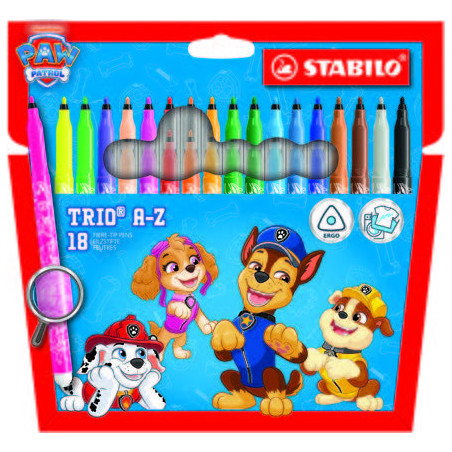 Stabilo Trio A-Z Patrulla Canina Pack de 18 Rotuladores con Diseños de la Patrulla Canina - Punta Fina de Fibra - Trazo 0.7mm -