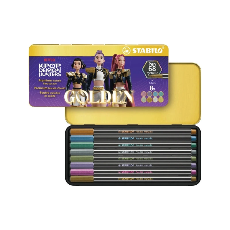 Stabilo Pen 68 Metallic K-Pop Demon Hunter Caja Metalica con 8 Rotuladores de Punta de Fibra - Trazo de 1mm aprox. - Tinta con B