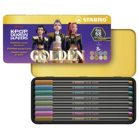 Stabilo Pen 68 Metallic K-Pop Demon Hunter Caja Metalica con 8 Rotuladores de Punta de Fibra - Trazo de 1mm aprox. - Tinta con B