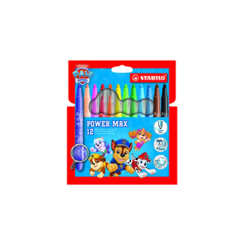 Stabilo Power Max Patrulla Canina Pack de 12 Rotuladores de Punta Gruesa con Diseños de la Patrulla Canina - Trazo 3mm - Tinta L