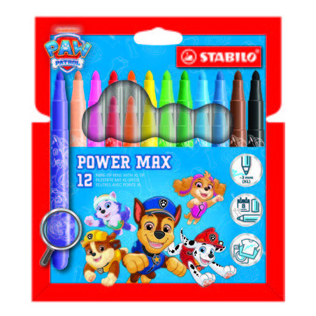 Stabilo Power Max Patrulla Canina Pack de 12 Rotuladores de Punta Gruesa con Diseños de la Patrulla Canina - Trazo 3mm - Tinta L