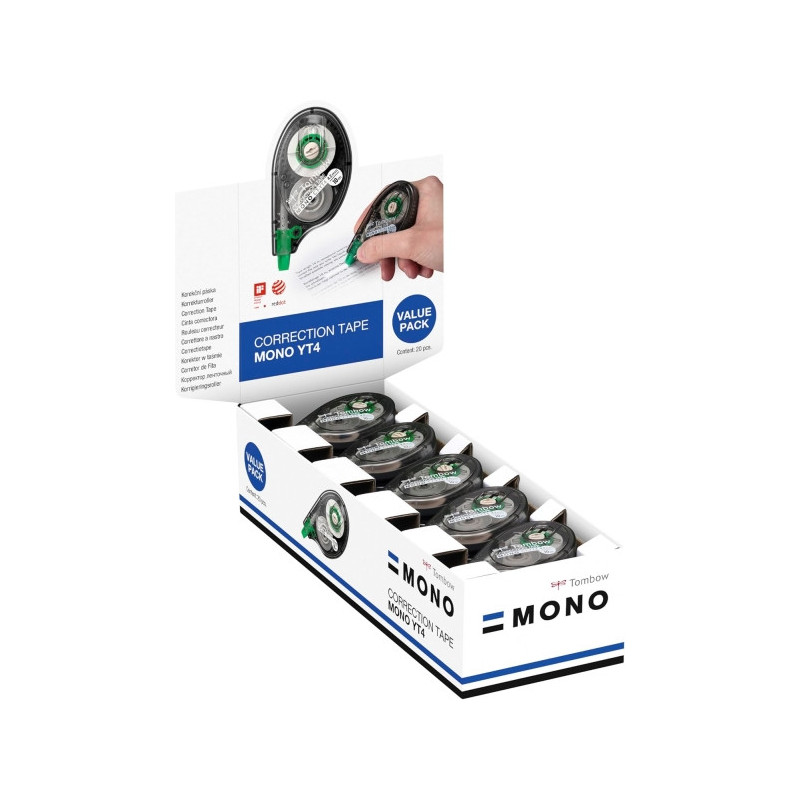 Tombow Mono YT Expositor con 20 Cintas Correctoras - 4.2mm x 10m - PET Resistente al Desgarro - Secado Inmediato - Color Transpa