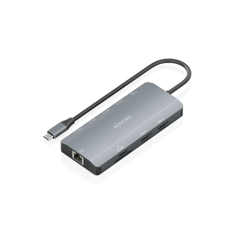 Aisens USB-C Dock 12 en 1 - USB-C a 2xHDMI - 1xRJ45 - 3xUSB-A - 1xUSB-C - 1xUSB-C PD 100W - 1xSD - 1xMicroSD - 20cm - Color Gris