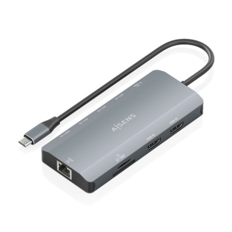 Aisens USB-C Dock 12 em 1 - USB-C para 2xHDMI - 1xRJ45 - 3xUSB-A - 1xUSB-C - 1xUSB-C PD 100W - 1xSD - 1xMicroSD - Cor Cinzento