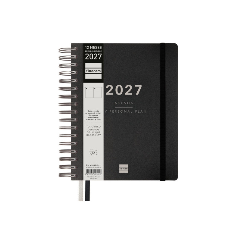 Finocam Tempus Agenda - Anual 2027 - 1 Dia por Pagina - 155x217mm - Espiral Doble - Tapa Extradura de Polipropileno - 2 Cintas M