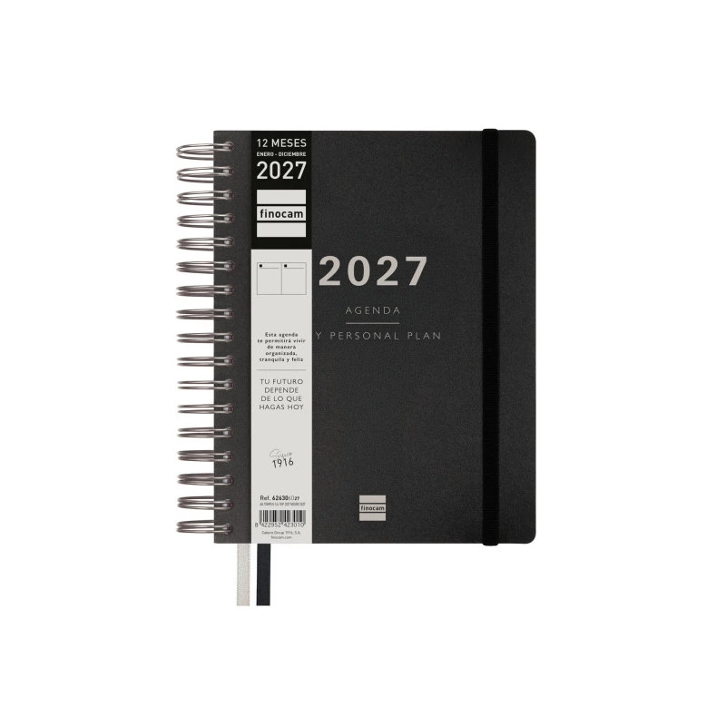 Finocam Tempus Agenda - Anual 2027 - 1 Dia por Pagina - 155x217mm - Espiral Doble - Tapa Extradura de Polipropileno - 2 Cintas M