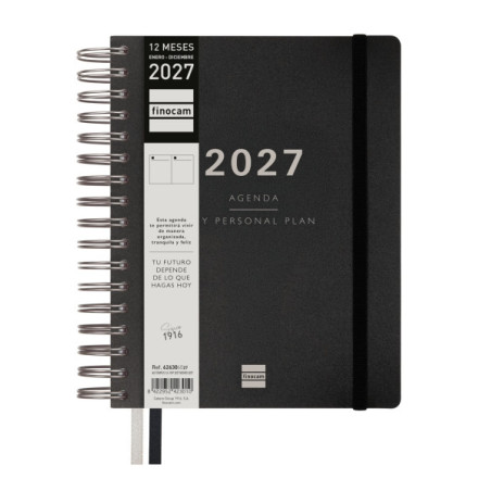 Finocam Tempus Agenda - Anual 2027 - 1 Dia por Pagina - 155x217mm - Espiral Doble - Tapa Extradura de Polipropileno - 2 Cintas M