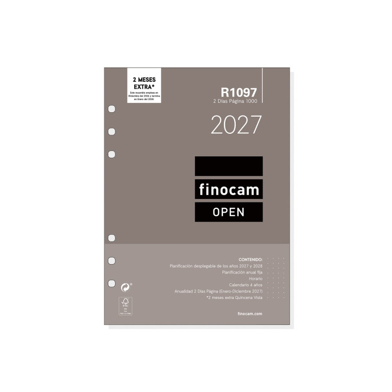 Finocam R1097 Recambio para Agenda Open - Anual 2027 - 2 Dias por Pagina - Formato 1000 - 155x215mm - 6 Taladros - Papel de 80g/