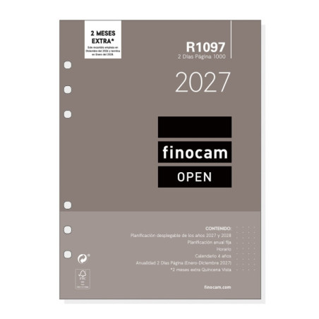 Finocam R1097 Recambio para Agenda Open - Anual 2027 - 2 Dias por Pagina - Formato 1000 - 155x215mm - 6 Taladros - Papel de 80g/