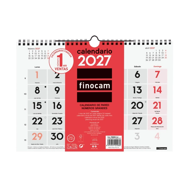 Finocam Neutro Calendario de Pared - Anual 2027 - Mes Vista - Formato M - 300x210mm - Espiral Doble - Papel de 120g/m2 - Numeros