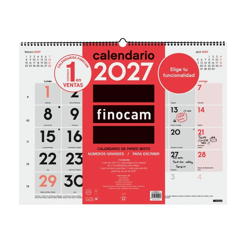 Finocam Neutro Calendario de Pared - Anual 2027 - Mes Vista - Formato XL - 540x420mm - Espiral Doble - Papel de 135g/m2 - Espaci