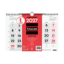 Finocam Neutro Calendario de Pared en Catalan - Anual 2027 - Mes Vista - Formato M - 300x210mm - Espiral Doble - Papel de 120g/m