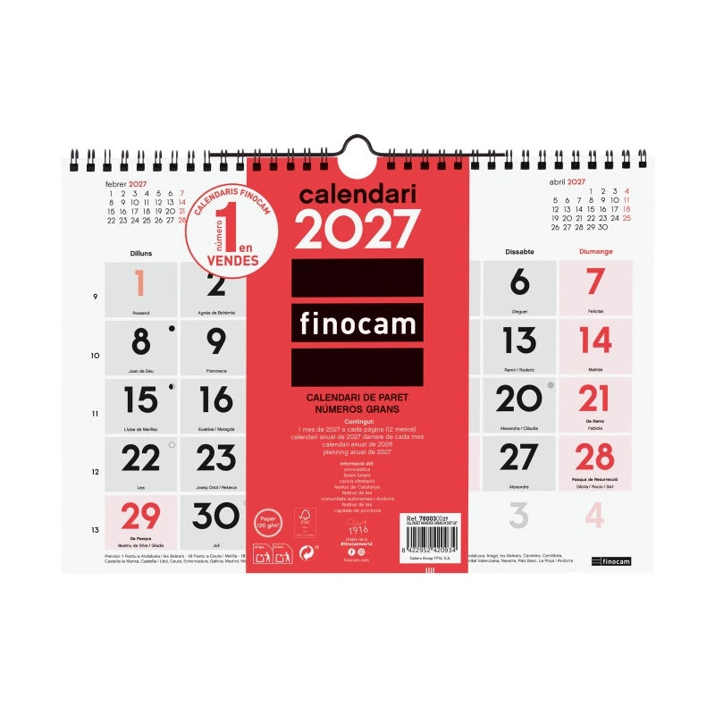 Finocam Neutro Calendario de Pared en Catalan - Anual 2027 - Mes Vista - Formato M - 300x210mm - Espiral Doble - Papel de 120g/m