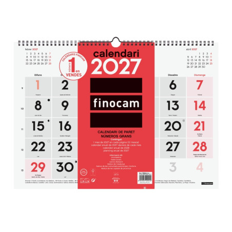 Finocam Neutro Calendario de Pared en Catalan - Anual 2027 - Mes Vista - Formato L - 430x310mm - Espiral Doble - Papel de 120g/m
