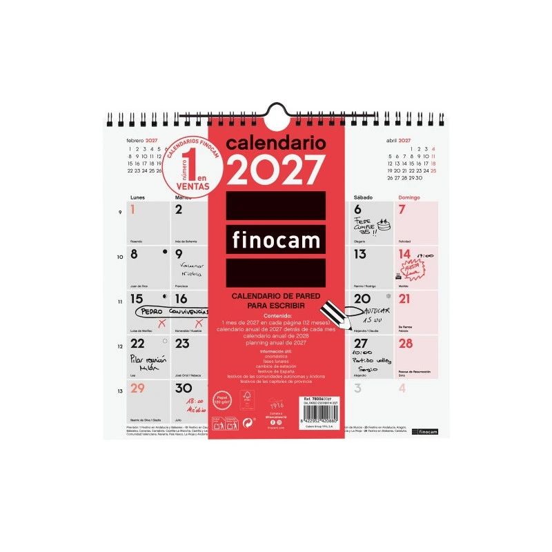 Finocam Neutro Calendario de Pared - Anual 2027 - Mes Vista - Formato M - 265x245mm - Espiral Doble - Papel de 120g/m2 - Espacio