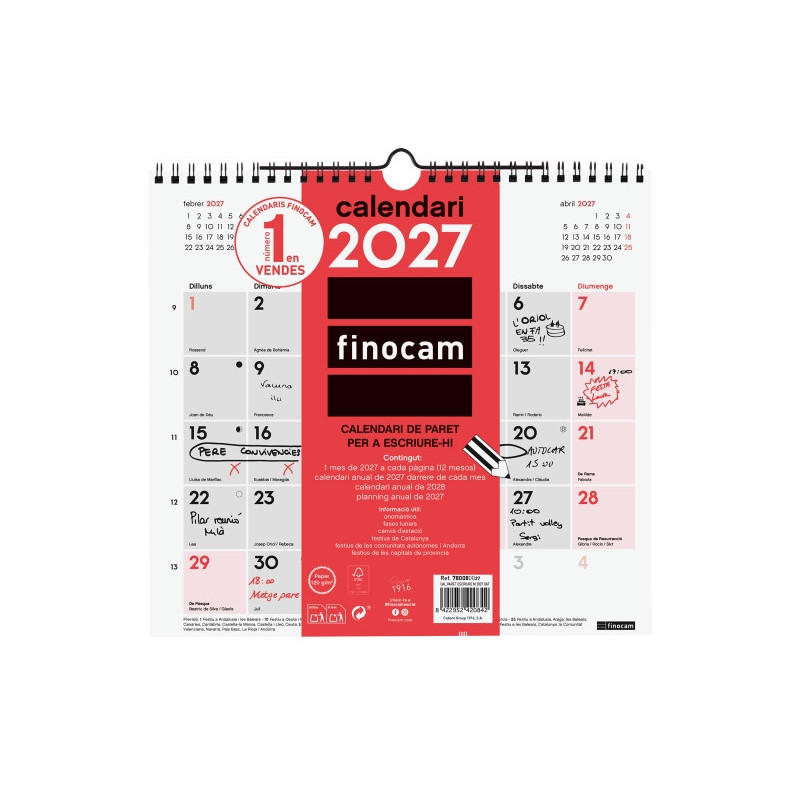 Finocam Neutro Calendario de Pared en Catalan - Anual 2027 - Mes Vista - Formato M - 265x245mm - Espiral Doble - Papel de 120g/m