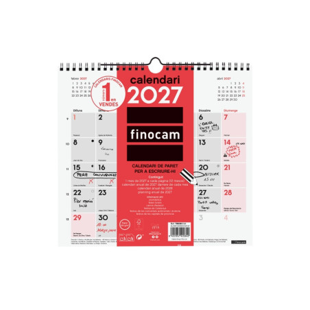 Finocam Neutro Calendario de Pared en Catalan - Anual 2027 - Mes Vista - Formato M - 265x245mm - Espiral Doble - Papel de 120g/m