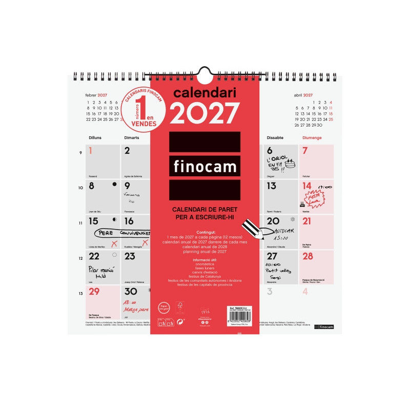 Finocam Neutro Calendario de Pared en Catalan - Anual 2027 - Mes Vista - Formato L - 340x320mm - Espiral Doble - Papel de 120g/m