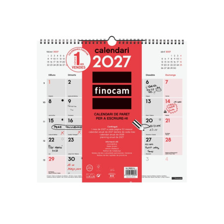 Finocam Neutro Calendario de Pared en Catalan - Anual 2027 - Mes Vista - Formato L - 340x320mm - Espiral Doble - Papel de 120g/m