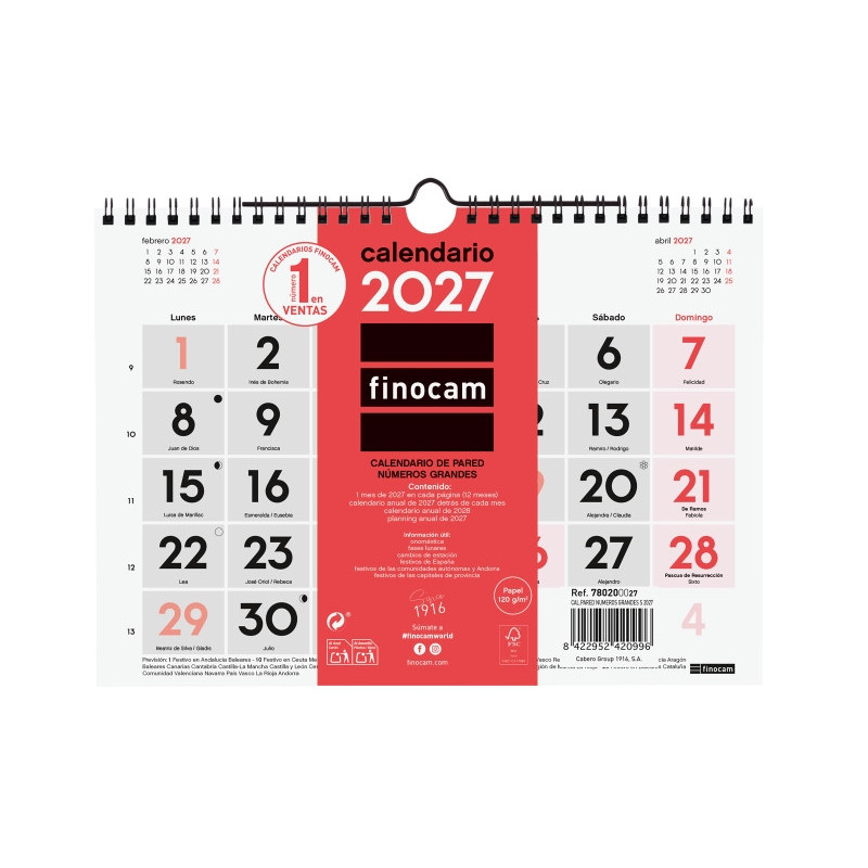Finocam Neutro Calendario de Pared - Anual 2027 - Mes Vista - Formato S - 210x150mm - Espiral Doble - Papel de 120g/m2 - Numeros