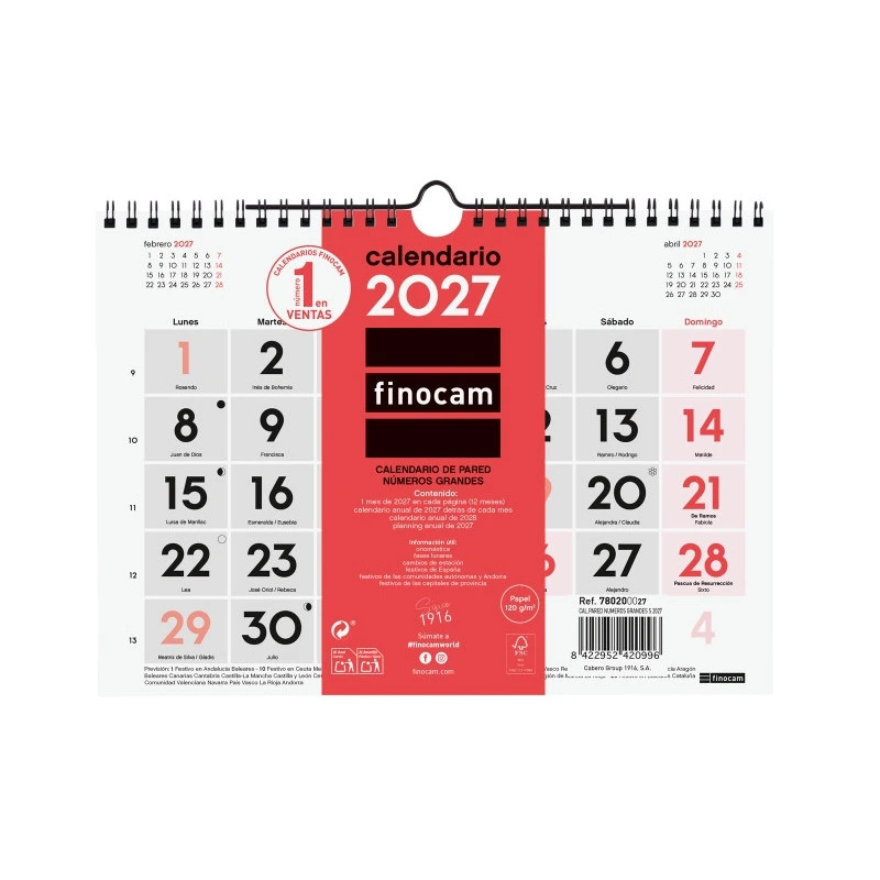 Finocam Neutro Calendario de Pared - Anual 2027 - Mes Vista - Formato S - 210x150mm - Espiral Doble - Papel de 120g/m2 - Numeros