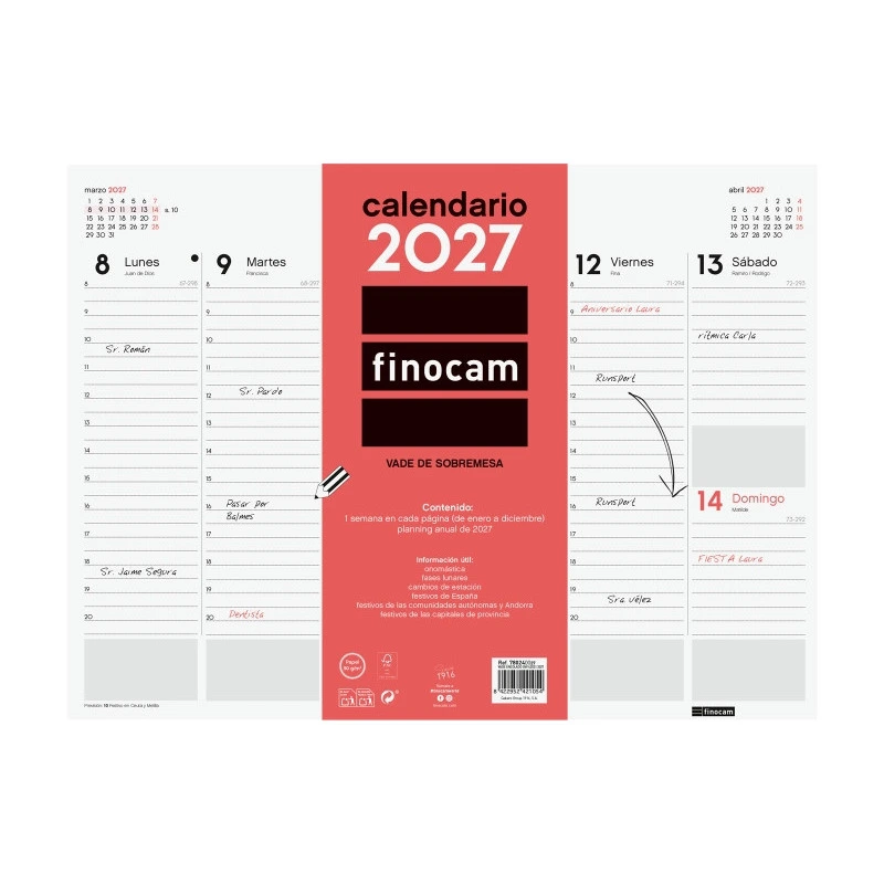 Finocam Neutro Vade Calendario - Anual 2027 - Semana Vista Vertical - 420x310mm - Encolado - Papel de 90g/m2 - Espacio para Nota