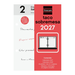 Finocam Neutro Taco Calendario de Sobremesa - Anual 2027 - 2 Paginas por Dia - 85x120mm - Papel de 70g/m2 - Color Rojo y Blanco
