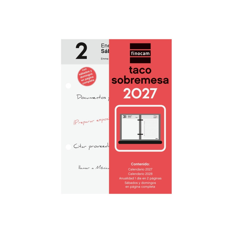 Finocam Neutro Taco Calendario de Sobremesa - Anual 2027 - 2 Paginas por Dia - 85x120mm - Papel de 70g/m2 - Color Rojo y Blanco