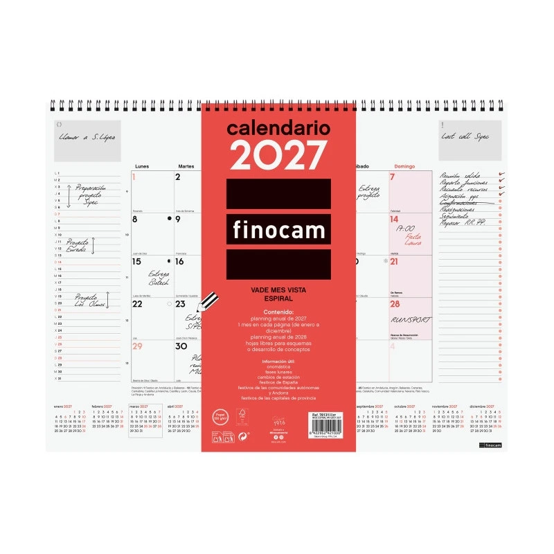 Finocam Neutro Vade Calendario - Anual 2027 - Mes Vista - 420x310mm - Espiral Doble - Papel de 150g/m2 - Espacio para Escribir -