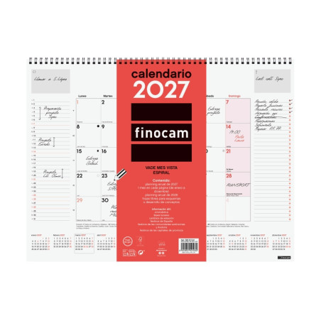 Finocam Neutro Vade Calendario - Anual 2027 - Mes Vista - 420x310mm - Espiral Doble - Papel de 150g/m2 - Espacio para Escribir -