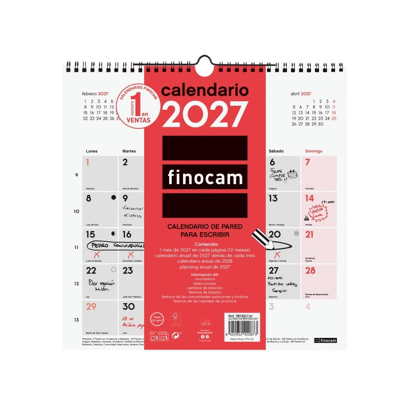 Finocam Neutro Calendario de Pared - Anual 2027 - Mes Vista - 300x300mm - Espiral Doble - Papel de 120g/m2 - Espacio para Escrib