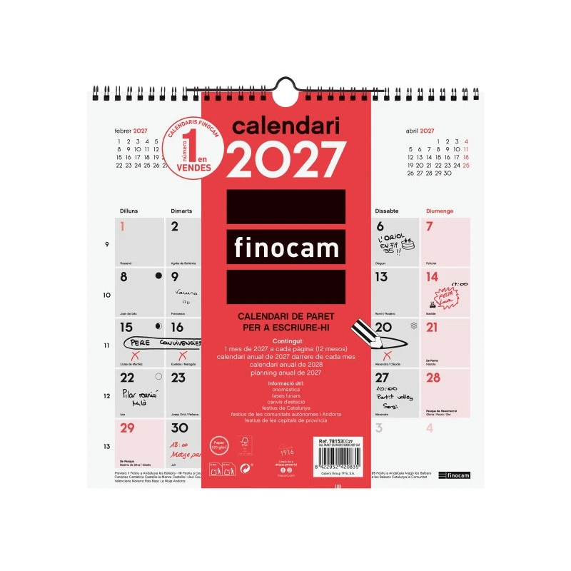Finocam Neutro Calendario de Pared en Catalan - Anual 2027 - Mes Vista - 300x300mm - Espiral Doble - Papel de 120g/m2 - Espacio
