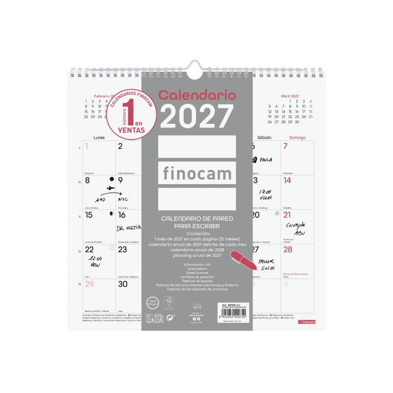 Finocam Chic Calendario de Pared - Anual 2027 - Mes Vista - 300x300mm - Espiral Doble - Papel de 120g/m2 - Espacio para Escribir