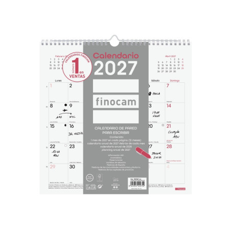 Finocam Chic Calendario de Pared - Anual 2027 - Mes Vista - 300x300mm - Espiral Doble - Papel de 120g/m2 - Espacio para Escribir