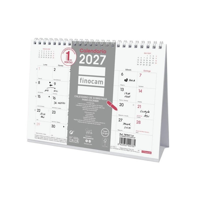 Finocam Trendy Chic Calendario de Sobremesa - Anual 2027 - Mes Vista - Formato S - 210x150mm - Espiral Doble - Papel de 120g/m2