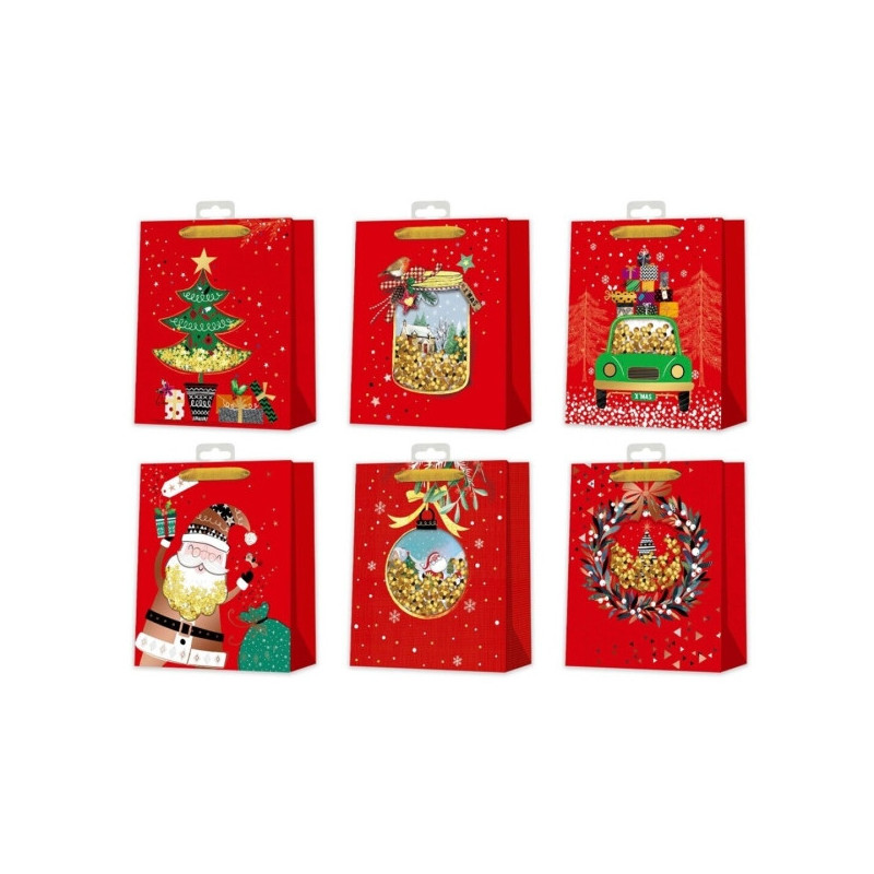 Bismark Bolsa de Papel Navidad Roja - Impresion Foil y Confetti - 6 Diseños Diferentes