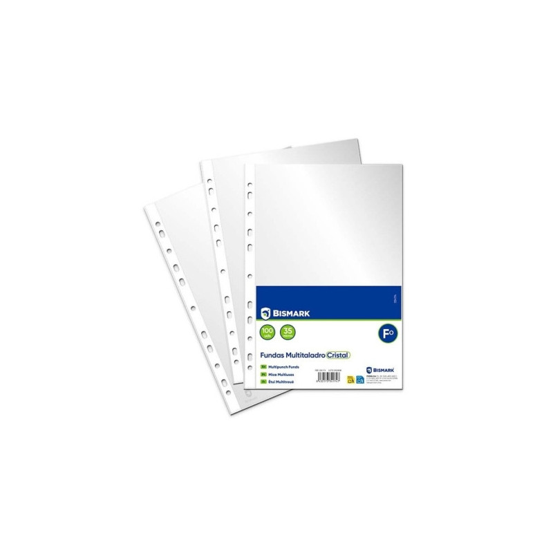 Bismark Pack de 100 Fundas Multitaladro Tamaño Folio 35 Micras - Acabado en Cristal - Ideal para Carpetas con Mecanismo de Anill