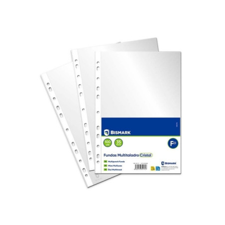 Bismark Pack de 100 Fundas Multitaladro Tamaño Folio 35 Micras - Acabado en Cristal - Ideal para Carpetas con Mecanismo de Anill