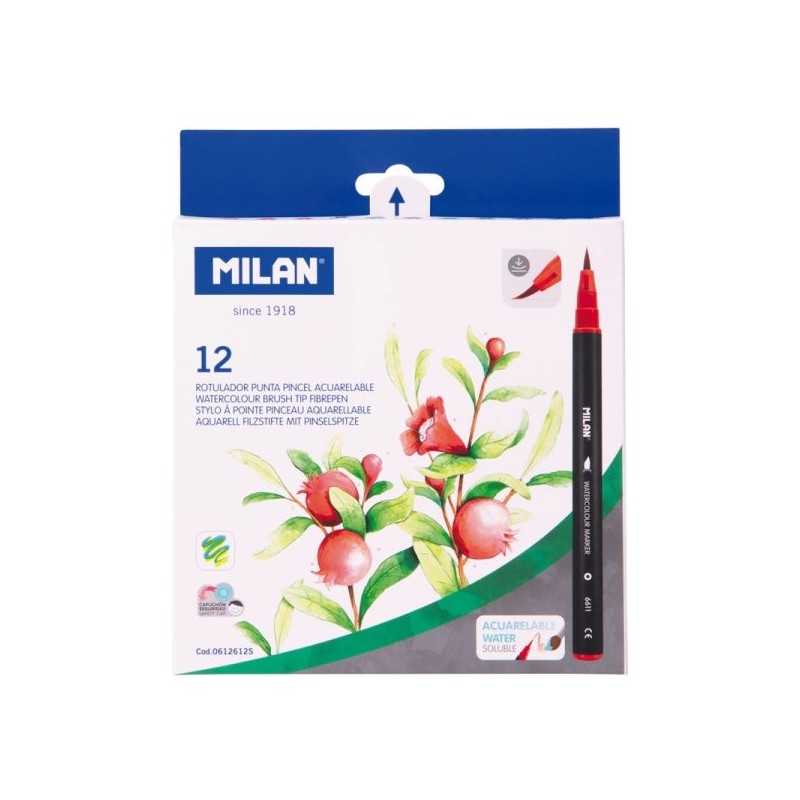 Milan Pack de 12 Rotuladores Acuarelables - Tinta al Agua - Punta de Pincel 0.5 a 6mm - Colores Surtidos
