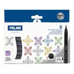 Milan Pack de 6 Rotuladores Punta Pincel Colores Metalizados - Tinta al Agua - Punta de Pincel 0.5 a 6mm - Colores Surtidos