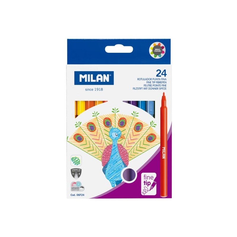 Milan Pack de 24 Rotuladores - Tinta al Agua - Punta Fina 2mm - 154mm - Colores Surtidos