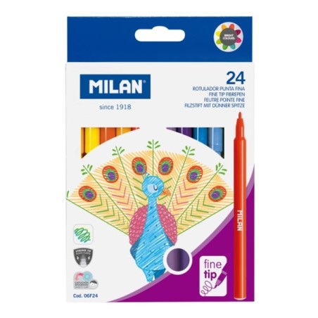 Milan Pack de 24 Rotuladores - Tinta al Agua - Punta Fina 2mm - 154mm - Colores Surtidos