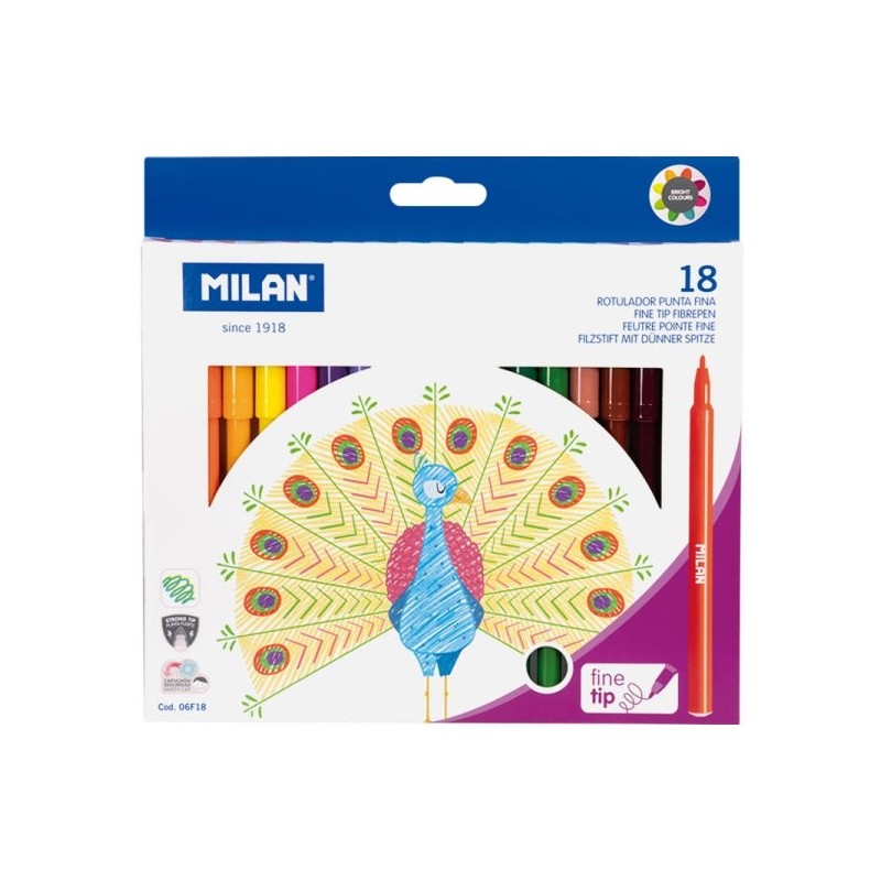 Milan Pack de 18 Rotuladores - Tinta al Agua - Punta Fina 2mm - 154mm - Colores Surtidos
