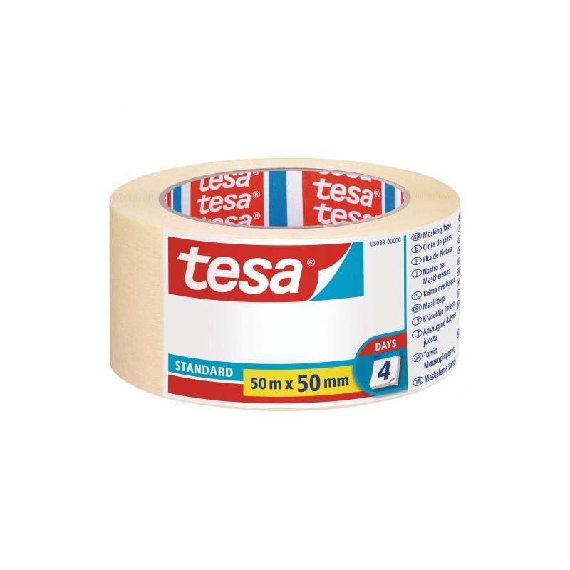 Tesa Standard Cinta de Pintor 50mm x 50m - Fabricada en Papel - Libre de Disolventes - No deja Residuos