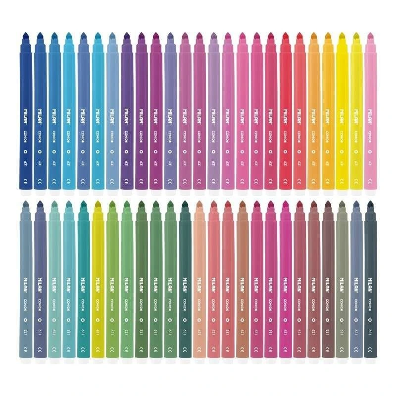 Pacote Milan de 50 Marcadores - Ponta Cônica 5mm - Tinta Água - Lavável - Cores Sortidas
