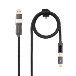Cabo Nanocable 4 em 1 USB-C - Suporta até 27W - Comprimento 1m - Adaptador USB-A e Lightning integrado - Display Digital