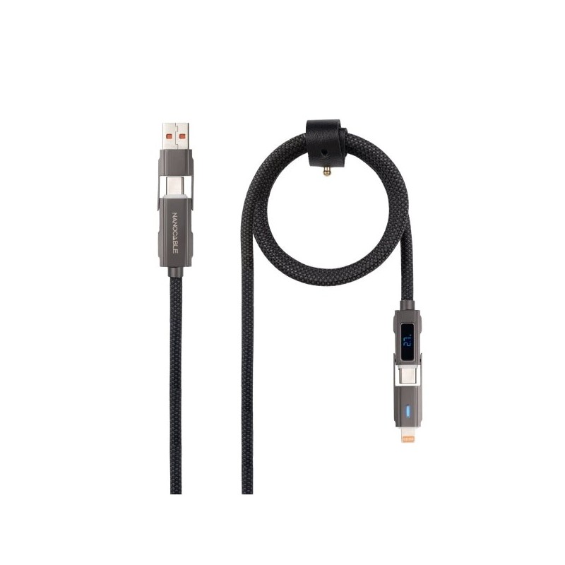 Nanocable Cable USB-C 4 en 1 - Soporta hasta 27W - Longitud 1m - Adaptador USB-A y Lightning Integrado - Pantalla Digital