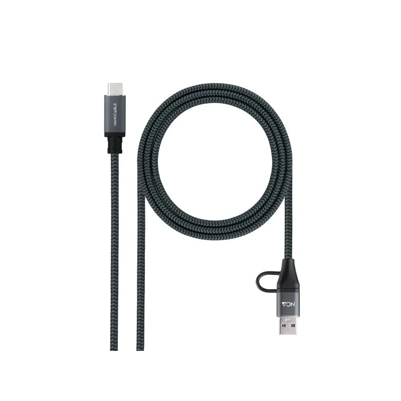 Cabo Nanocable USB 3.2 Gen2x2 5A/100W - USB-C + USB-A/M para USB-C/M - 1,5m - Cor Cinzenta