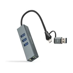 Adaptador de Rede Nanocable USB-C + USB-A/M 3.0 para Gigabit Ethernet 10/100/1000 Mbps + 3xUSB-A 3.0 Hub - 15 cm - Cor Cinzenta
